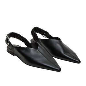 New Zara Pointed Toe Slingback Leather Flat Mules In Black - Size 7.5 UK 38
